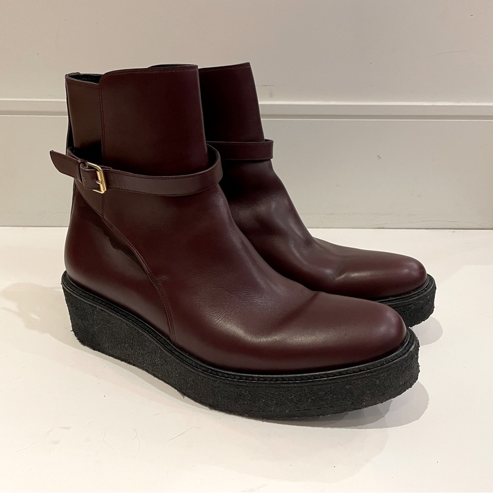 🌺 Céline Burgundy Leather Ankle Boots with Buckle Detail Size 41 / US 10.5